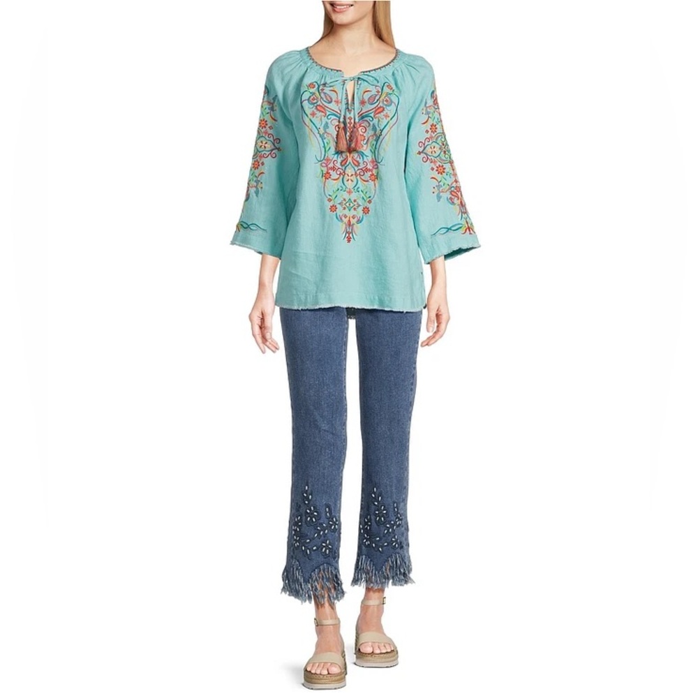 John Mark Turquoise Embroidered Peasant Top with Tassels - Picture 2 of 8